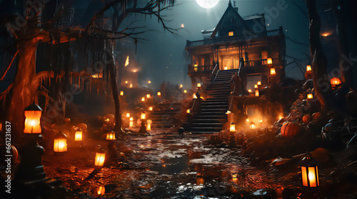 Halloween Haunted town at night. horror atmosphere. Pumpkins, candles, gloomy atmosphere. Dark and mistery mood. Hounted house.