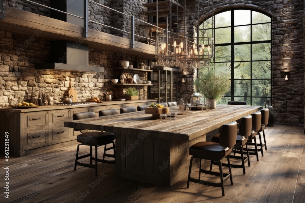 industrial loft kitchen with exposed brick walls and pendant lighting