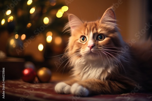 Cat in Christmas Living Room, New Year's Greeting Card