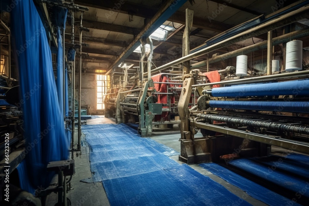 Spacious weaving room in the denim textile industry with HDR photography. Generative AI