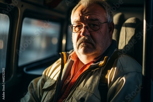 A man on public transport. Portrait with selective focus and copy space © top images