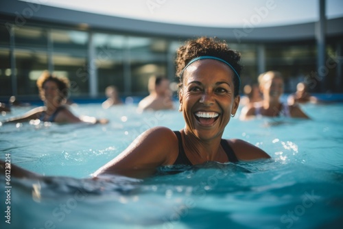 Happy woman in the pool during group classes. Aqua fit concept. Portrait with selective focus © top images