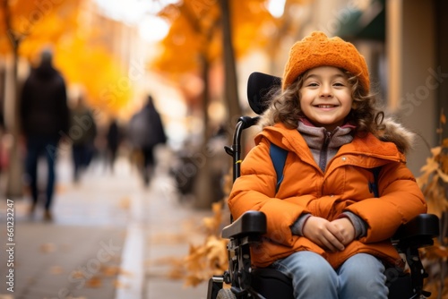Disabled child in a wheelchair. Portrait of a kid with a disability