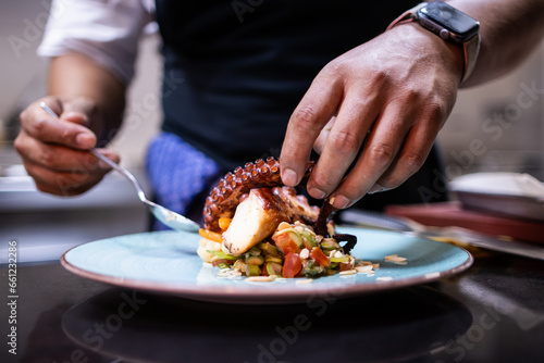 Hands finishing plating the octopus for restaurant customers