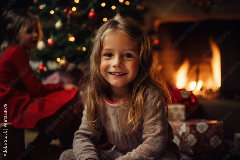 Kids in a cozy christmas living room Kids in a cozy christmas living room