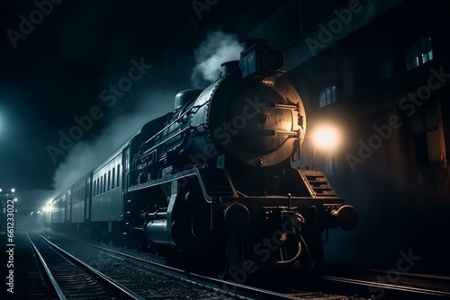 A locomotive train moving through dark night, emitting smoke and steam. Generative AI