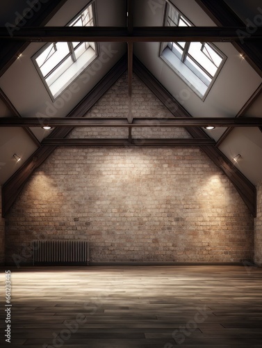 Empty interior in loft style with large skylights AI