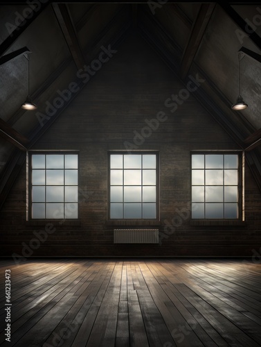 Empty dark interior in loft style with big windows AI