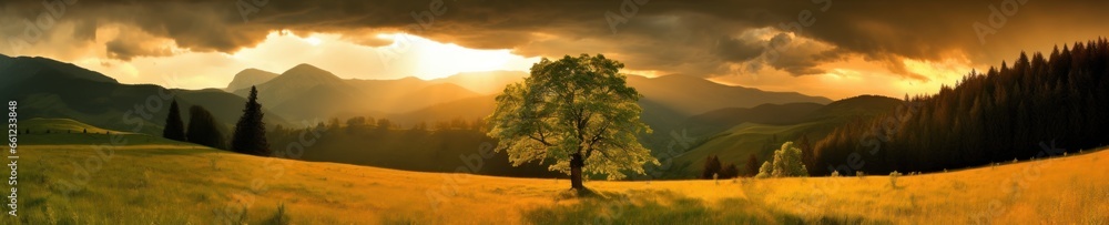 Obraz premium Nature's Puzzle: Majestic mountains and a solitary tree in a cloudy sky