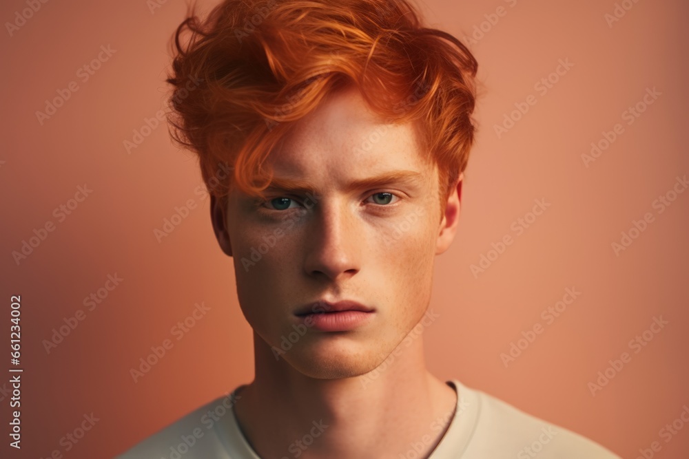 Handsome and confident young man with red hair on apricot crush studio background Handsome and confident young man with red hair on apricot crush studio background