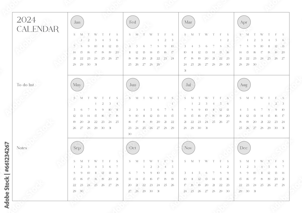 A simple and minimalist style annual template with a 2024 year 12 month calendar. Note, scheduler, diary, calendar, planner design template illustration. A simple and minimalist style annual template with a 2024 year 12 month calendar. Note, scheduler, diary, calendar, planner design template illustration.