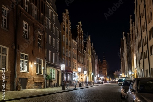 Nighttime street in historic Gdansk. Generative AI