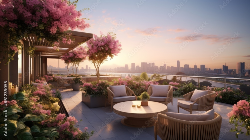 Rooftop's view of a blossoming landscape, with vibrant flowers and the gentle breeze, creating a tranquil and fragrant atmosphere