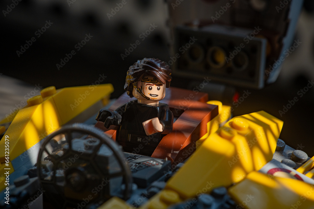 Naklejka premium Depok, Indonesia - August 14, 2023: Lego toys photography, lego anakin skywalker inside jedi starfighter