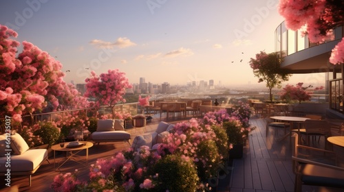 Rooftop's view of a blossoming landscape, with vibrant flowers and the gentle breeze, creating a tranquil and fragrant atmosphere