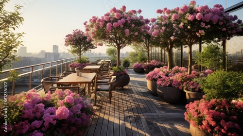 Rooftop s view of a blossoming landscape  with vibrant flowers and the gentle breeze  creating a tranquil and fragrant atmosphere
