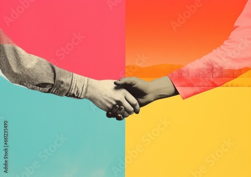A man and a woman shaking or holding hands, retro vintage style poster