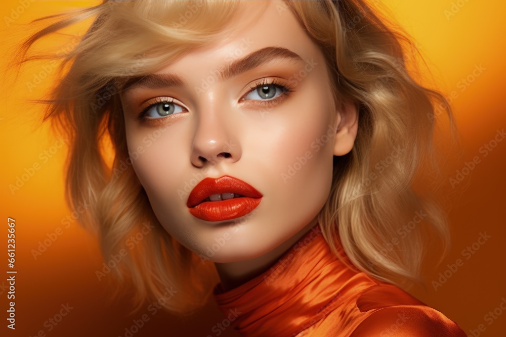 Model with orange makeup apricot crush lipstick and eye shadows Model with orange makeup apricot crush lipstick and eye shadows