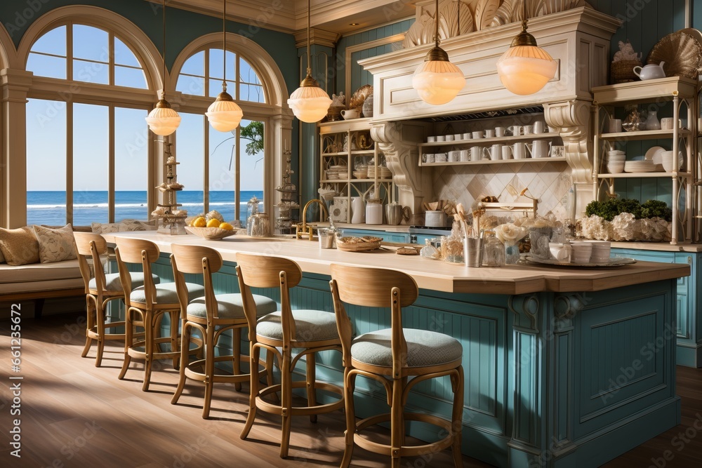 Coastal beach themed kitchen with blue and white decor and seashell accents