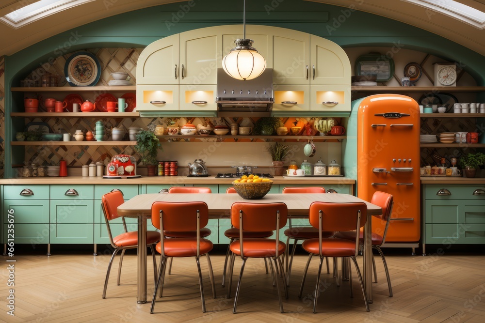 century modern kitchen with retro appliances and bold, geometric patterns