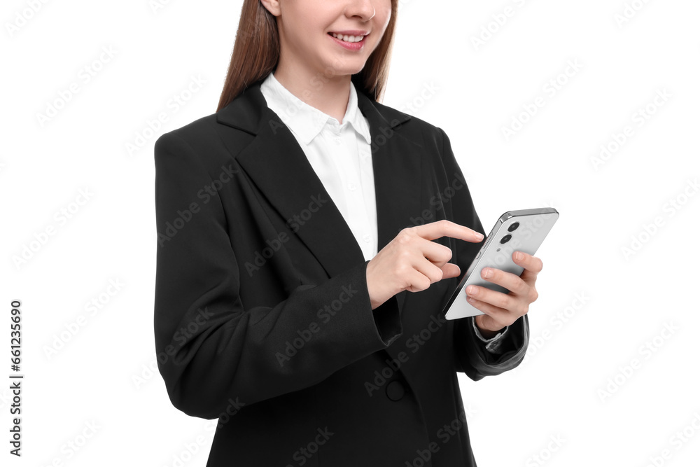 Woman sending message via smartphone isolated on white, closeup Woman sending message via smartphone isolated on white, closeup