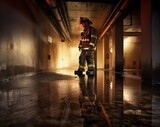 Brave Firefighter Battling Blazes in Dark Hallway Stock Photo