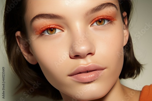 Model with orange makeup apricot crush lipstick and eye shadows