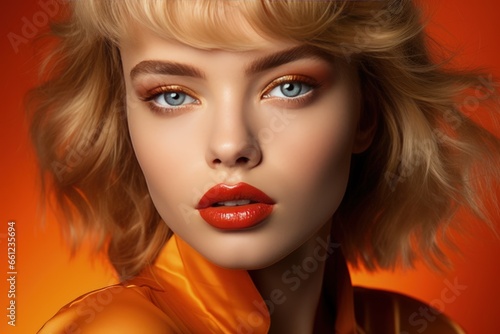 Model with orange makeup apricot crush lipstick and eye shadows