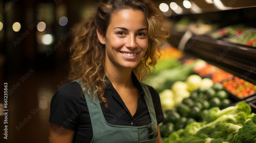 Young Smiling European Supermarket Worker with Colorful Produce Background