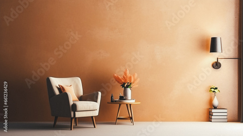 3d living room interior mockup in warm tones with armchair on empty light brown wall background