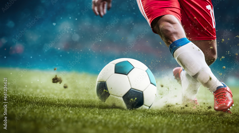 Professional football, soccer player kicking ball, copy space for text