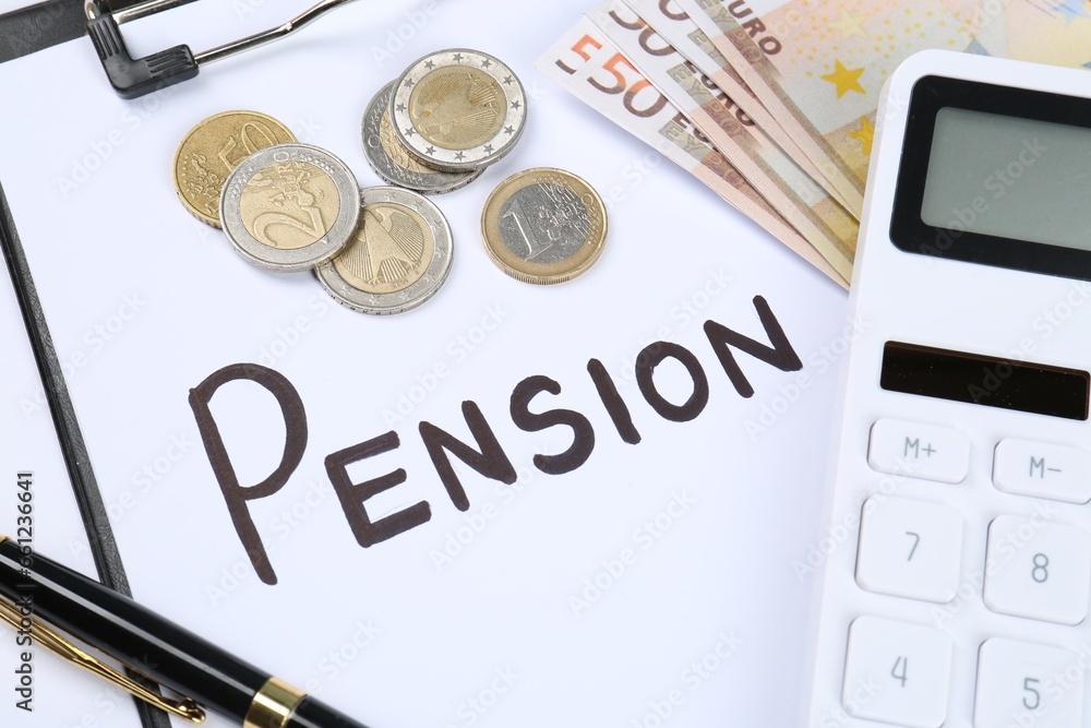 Calculator, money, clipboard with paper sheet and pen on white background, top view. Retirement concept Calculator, money, clipboard with paper sheet and pen on white background, top view. Retirement concept