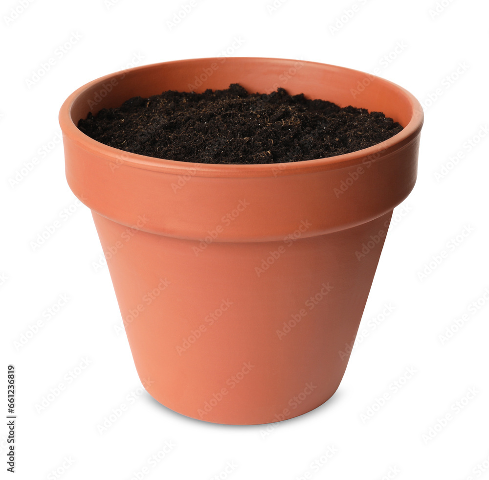 Clay flower pot with soil isolated on white Clay flower pot with soil isolated on white