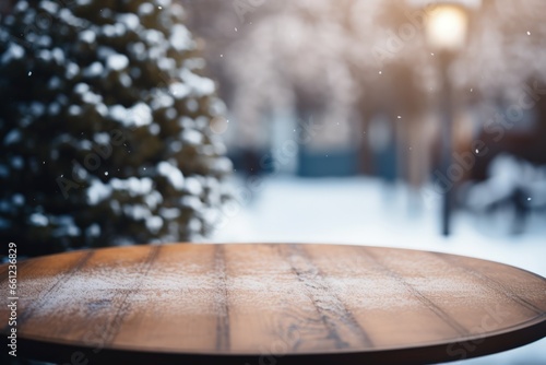 Wood table top on blurred winter forest with sunshine background