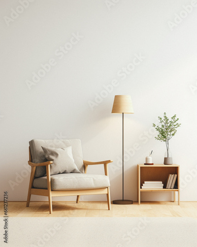 3d living room interior mockup in warm tones with armchair on empty light white wall background photo
