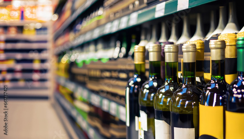 wine bottles on liquor alcohol shelves in supermarket store background
