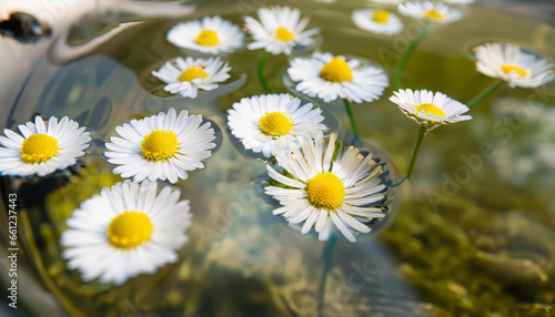 Fresh chamomile flowers and white petals on water surface