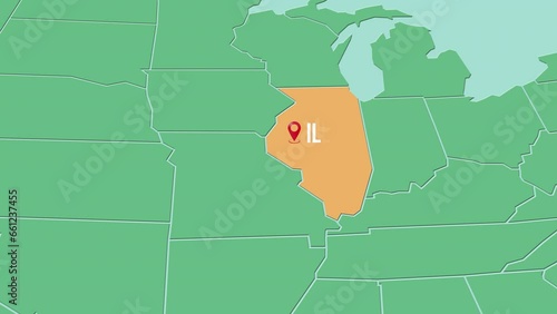 Mapa de los Estados Unidos de América con división política resaltando el estado de Illinois photo