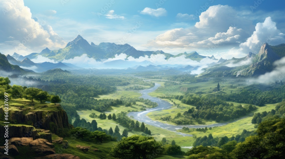 Obraz premium Beautiful view to main valley, river and vegetation in the background game art