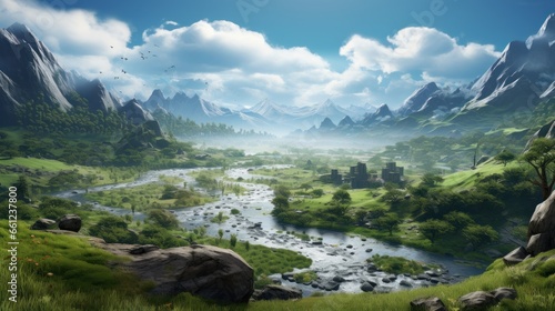 Beautiful view to main valley  river and vegetation in the background game art