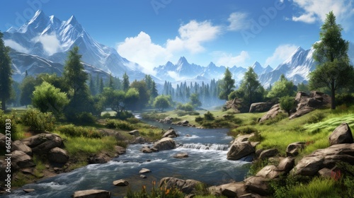 Beautiful view to main valley  river and vegetation in the background game art
