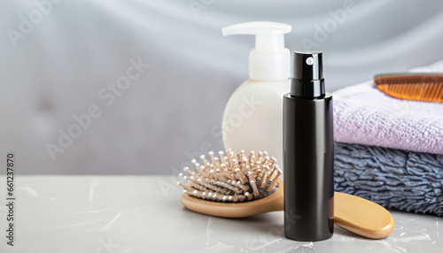 Dry shampoo spray, towels, hair brush on light grey surface, blurry background