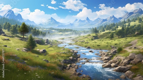 Beautiful view to main valley, river and vegetation in the background game art