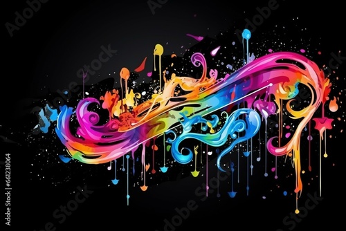 Colorful splash illustration of music stave and treble clef on black background, horizontal banner with space for text. Generative AI photo