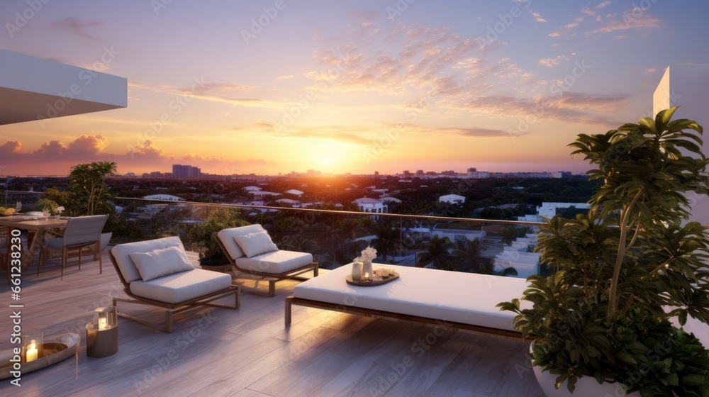 Fototapeta premium Depict the rooftop of a modern villa as the perfect vantage point for witnessing breathtaking sunsets that paint the sky in vibrant hues