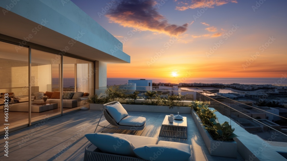 Depict the rooftop of a modern villa as the perfect vantage point for witnessing breathtaking sunsets that paint the sky in vibrant hues