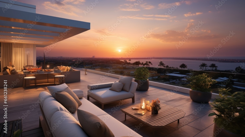 Fototapeta premium Depict the rooftop of a modern villa as the perfect vantage point for witnessing breathtaking sunsets that paint the sky in vibrant hues