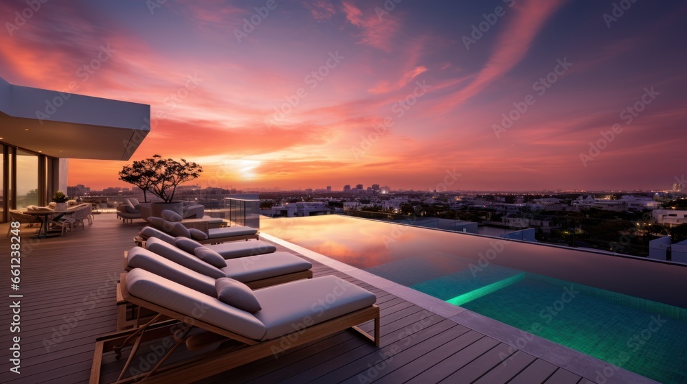 Fototapeta premium Depict the rooftop of a modern villa as the perfect vantage point for witnessing breathtaking sunsets that paint the sky in vibrant hues
