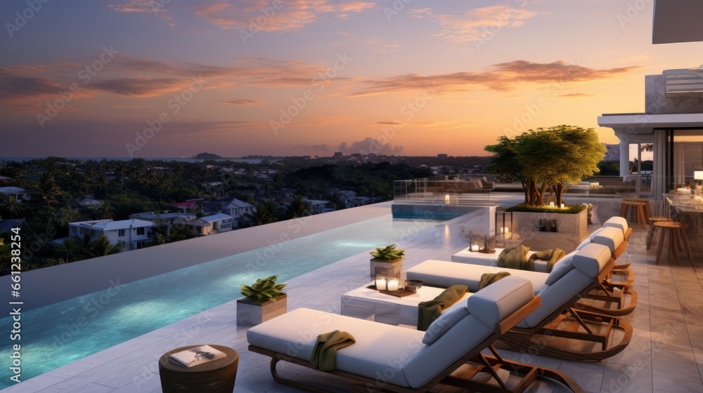 Fototapeta premium Depict the rooftop of a modern villa as the perfect vantage point for witnessing breathtaking sunsets that paint the sky in vibrant hues