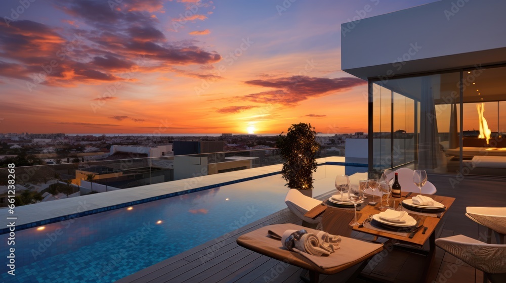 Fototapeta premium Depict the rooftop of a modern villa as the perfect vantage point for witnessing breathtaking sunsets that paint the sky in vibrant hues